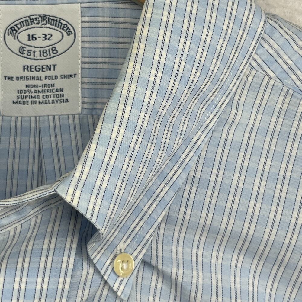 BROOKS BROTHERS Shirt Mens 16 32 REGENT Dress Poplin Non Iron Plaid Cotton Blue